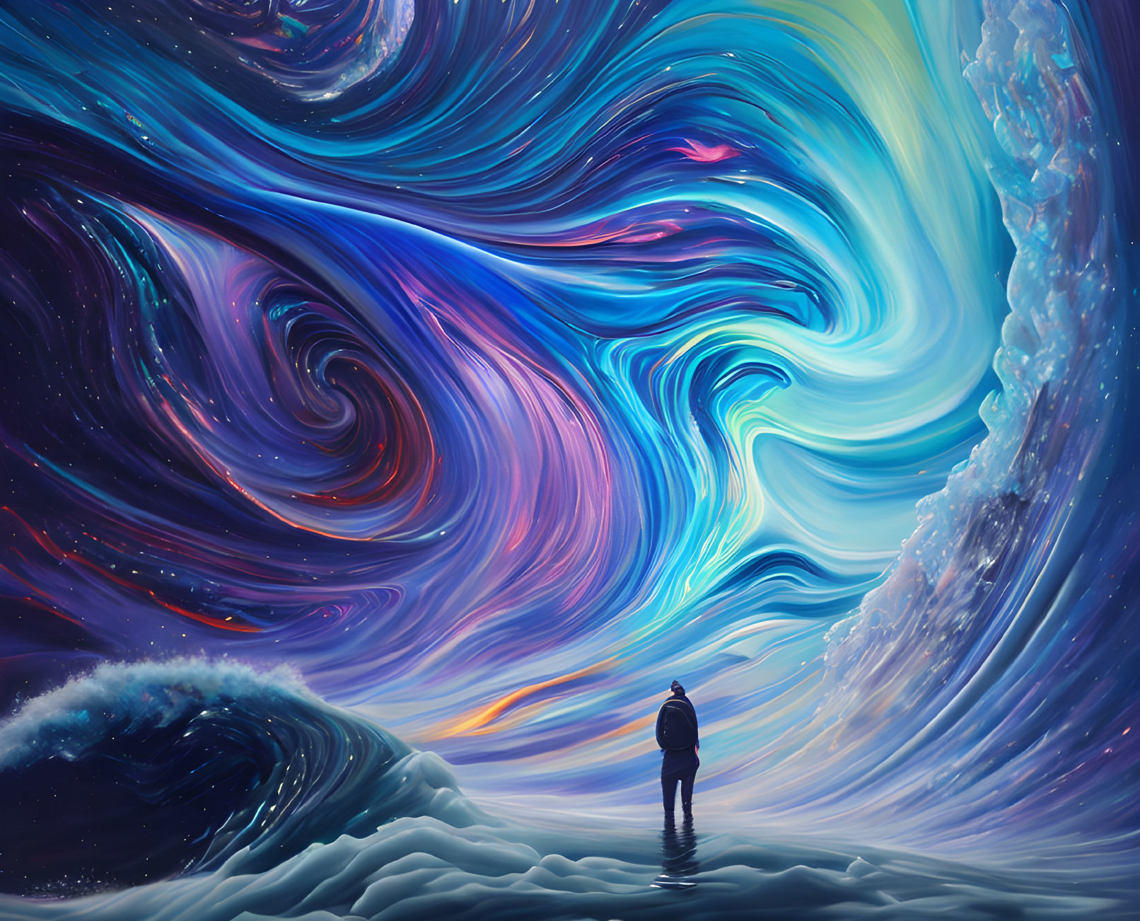 Person standing before vibrant blue and purple swirling vortex