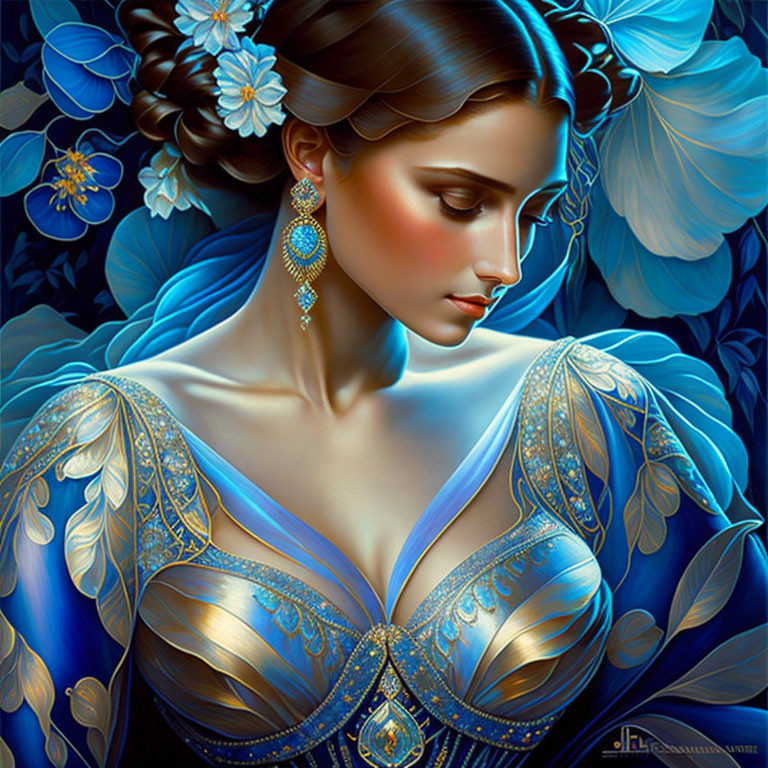 Elegant woman in blue attire with gold accents and stylized flowers.