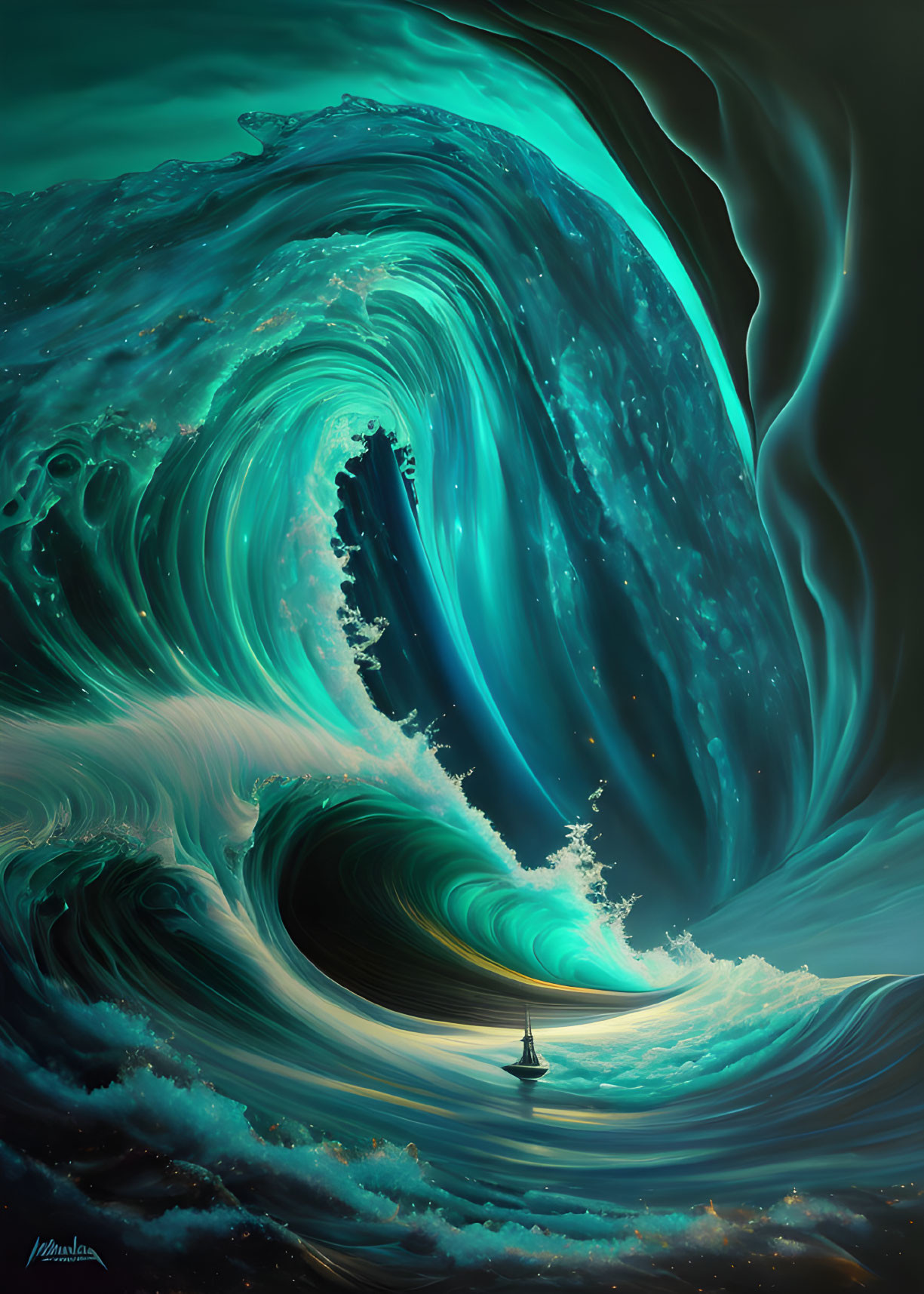 Surreal wave artwork with teal and blue hues around lighthouse