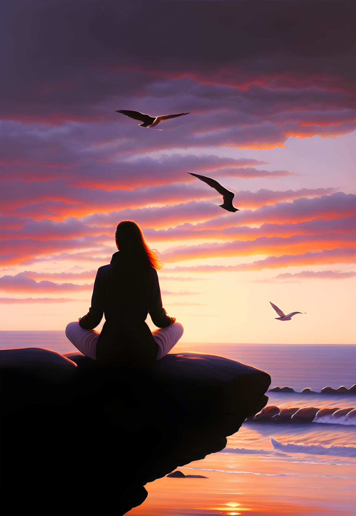 Person meditating on cliff at sunset with birds in sky