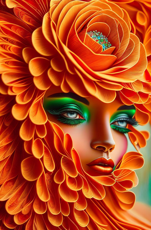 Digital portrait of woman with orange petal-like floral patterns and green eyeshadow