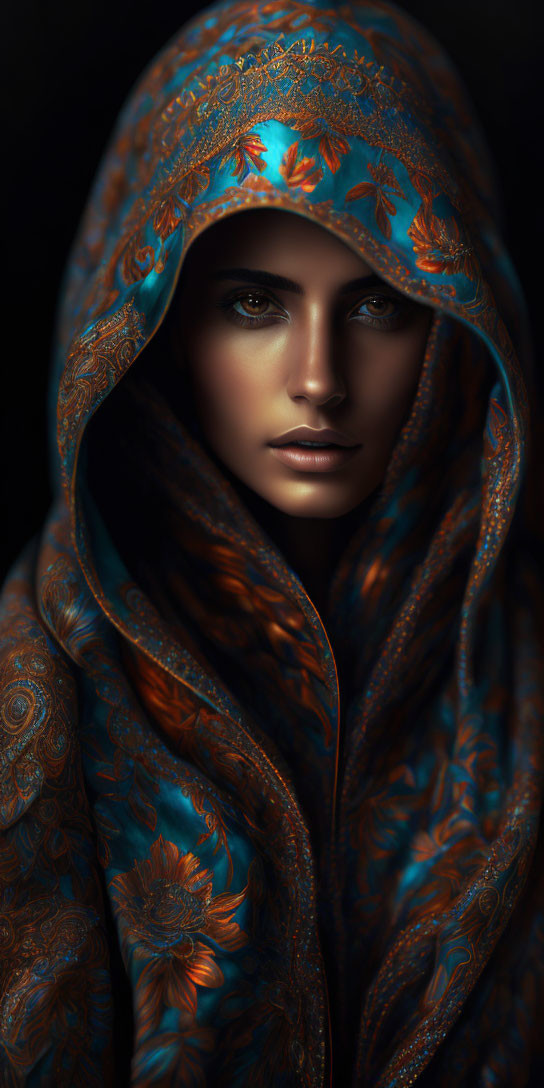 Woman with striking eyes in blue and orange hood on dark background