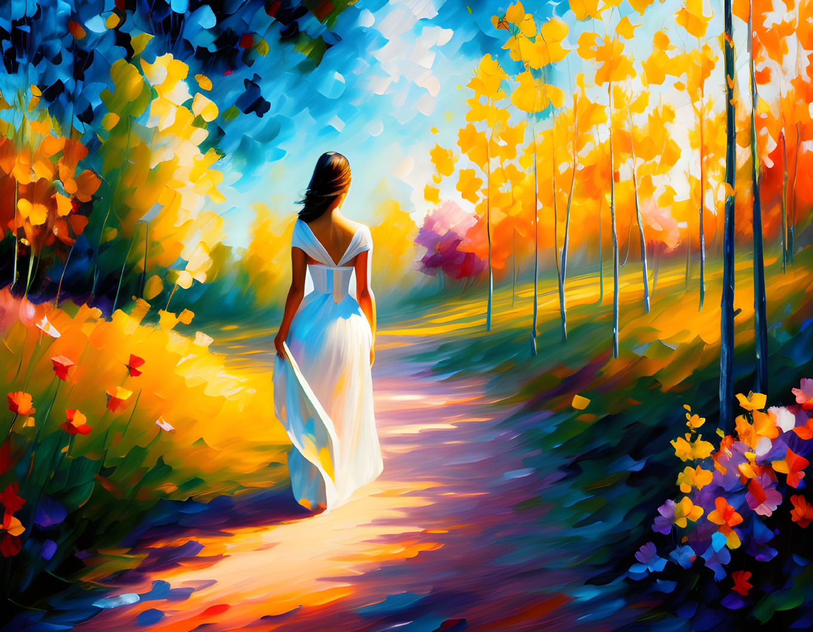 Woman in White Dress Walking Through Vibrant Forest Path