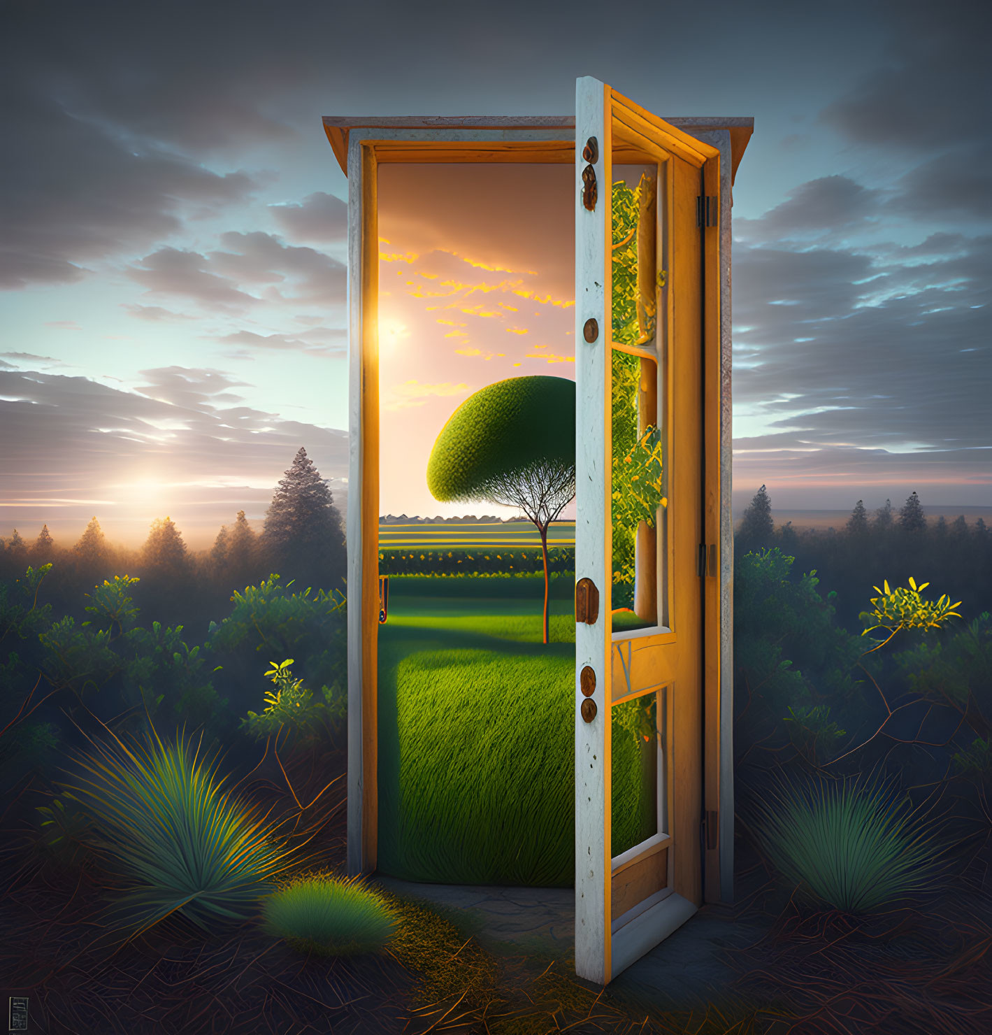 Forest clearing door reveals vibrant landscape with single tree & sunrise