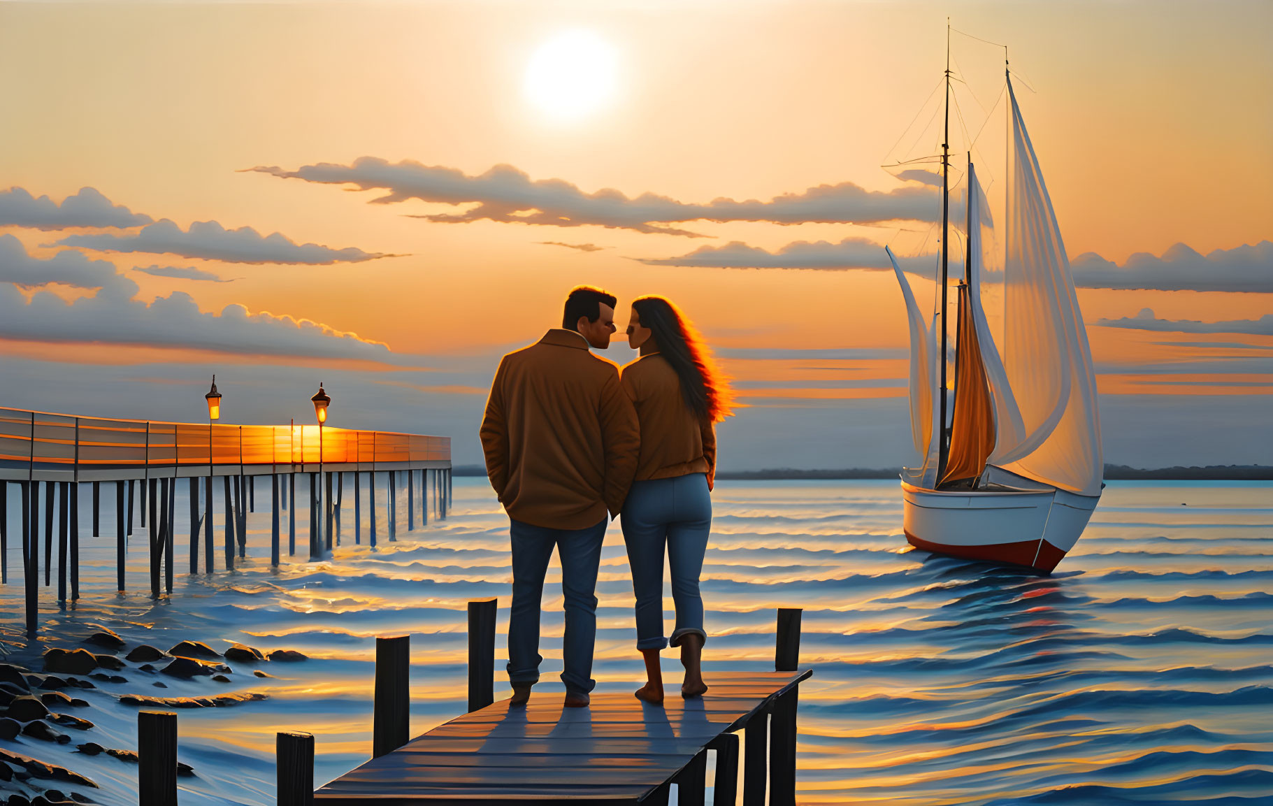 Couple on Pier at Sunset with Sailing Boat and Rippling Sea