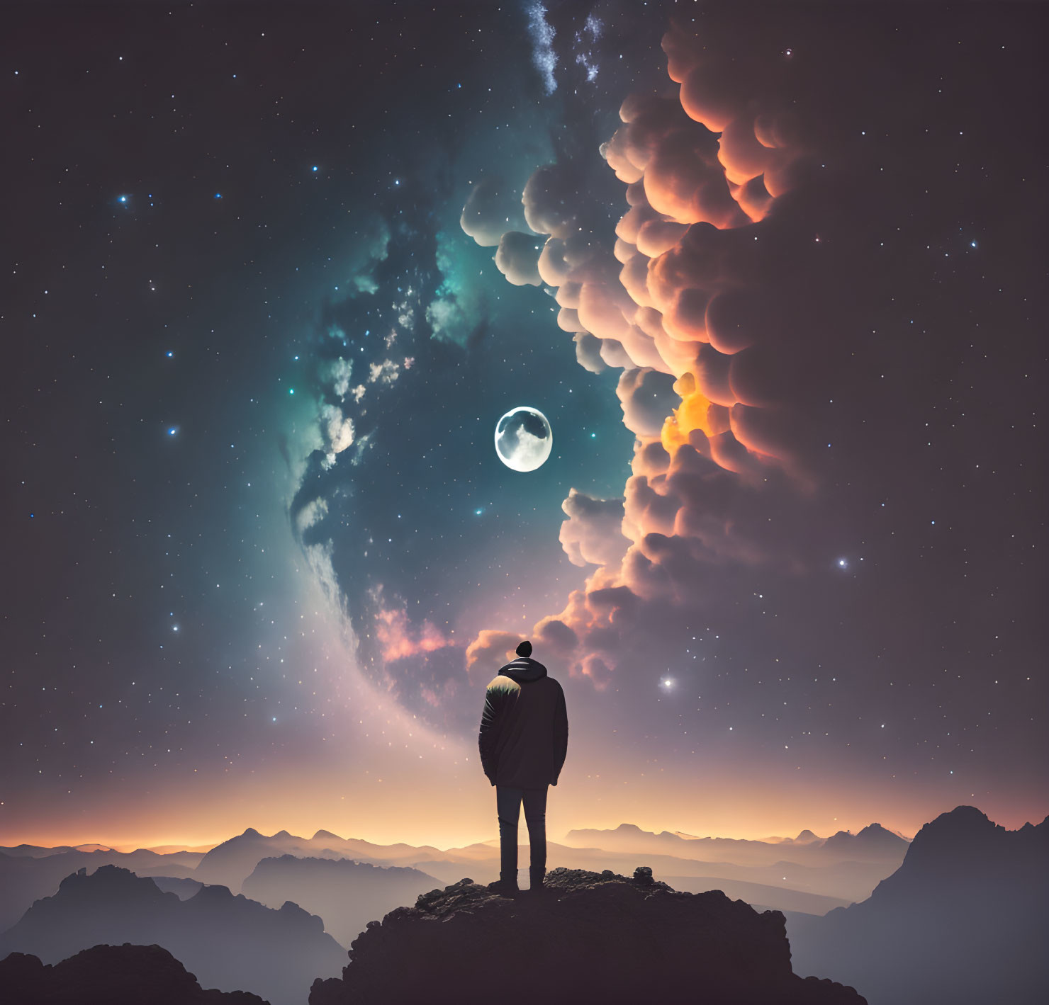 Person on mountain under surreal night sky with full moon and nebula clouds