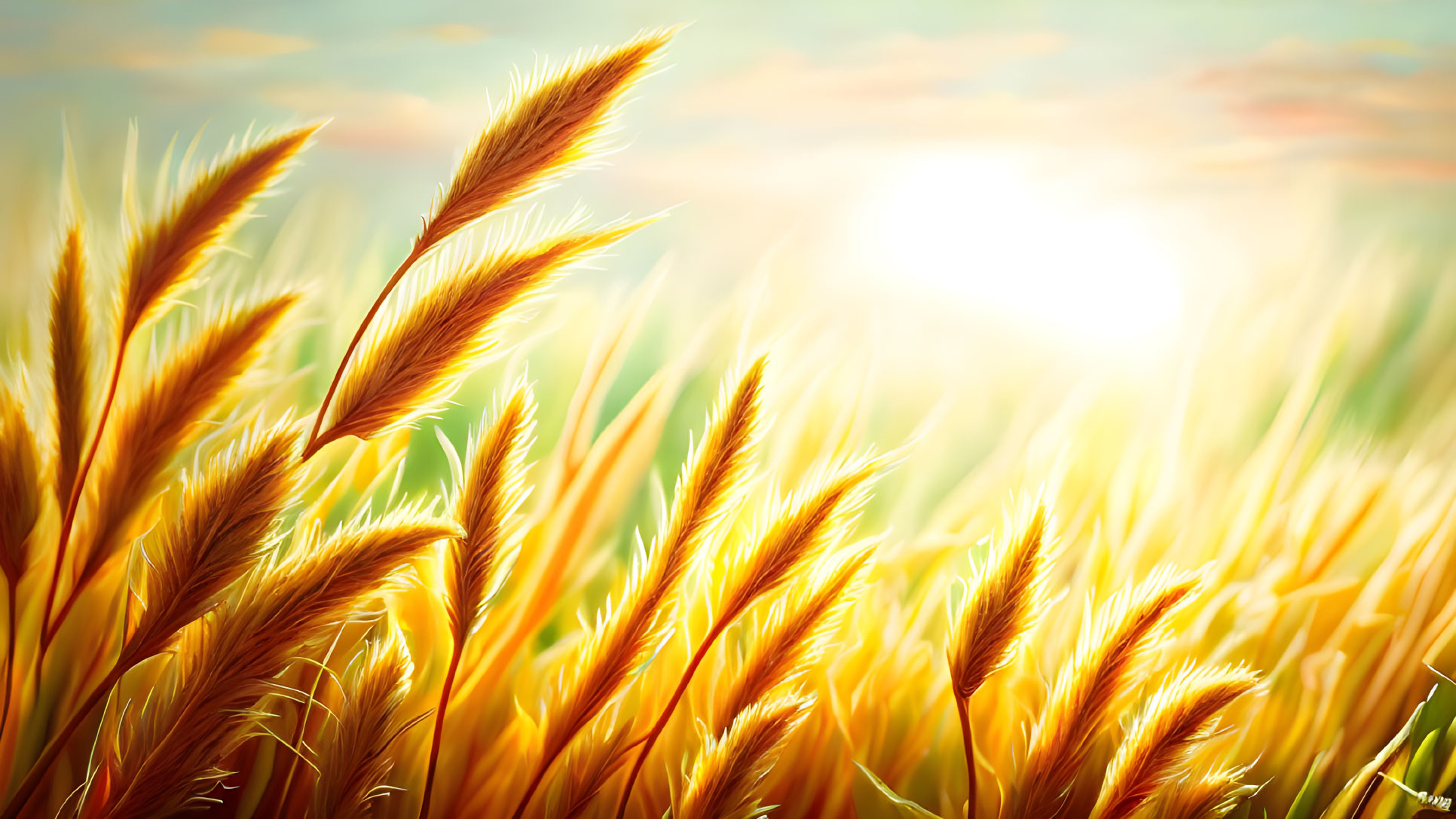 Ripe golden wheat field under setting sun and clear sky