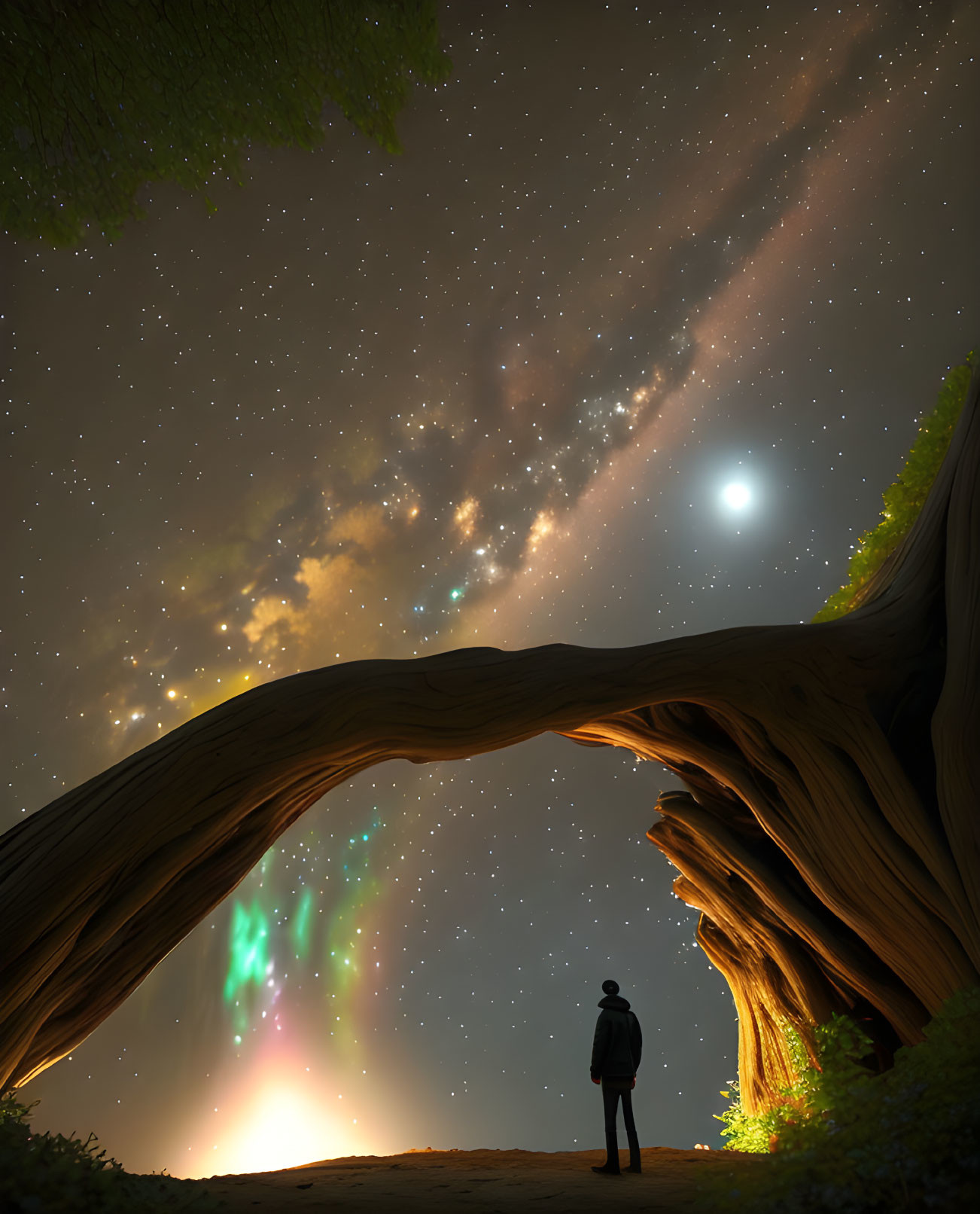 Person under arching tree gazes at starry sky with vivid aurora borealis.