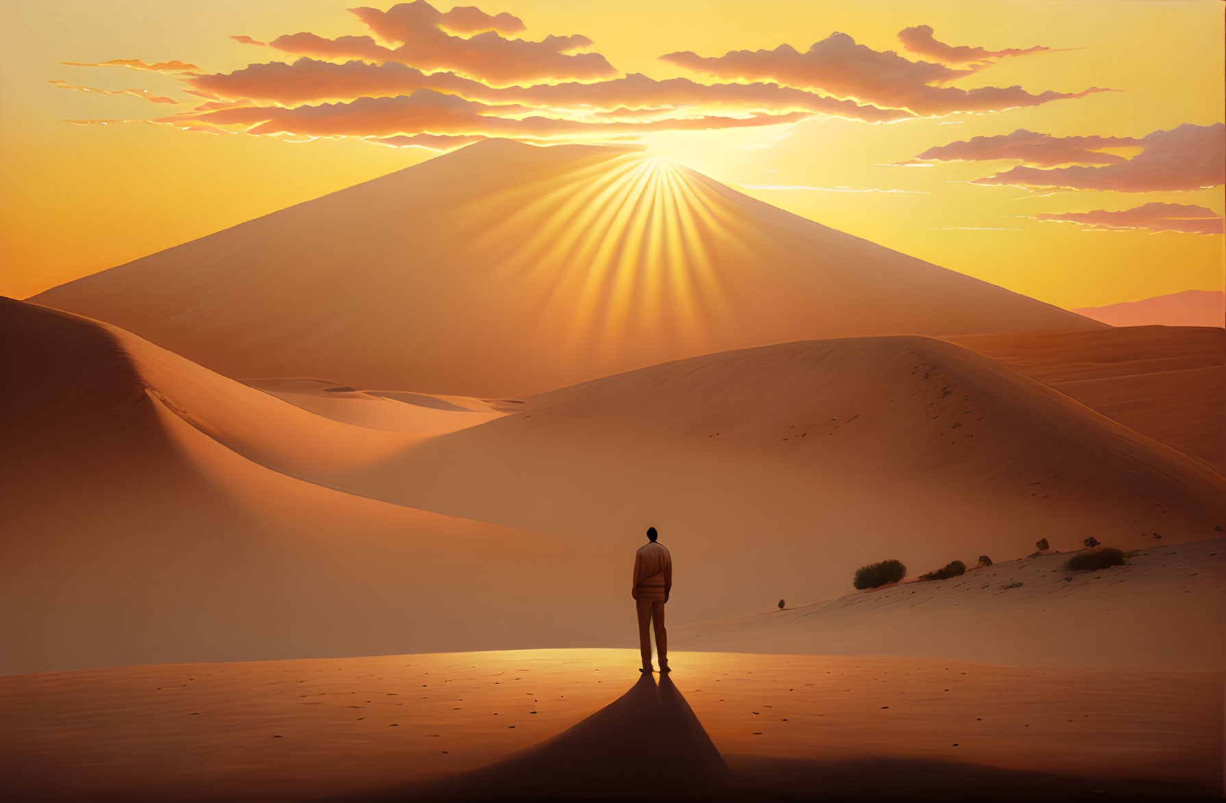 Person standing before sand dunes at sunset with mountain in background