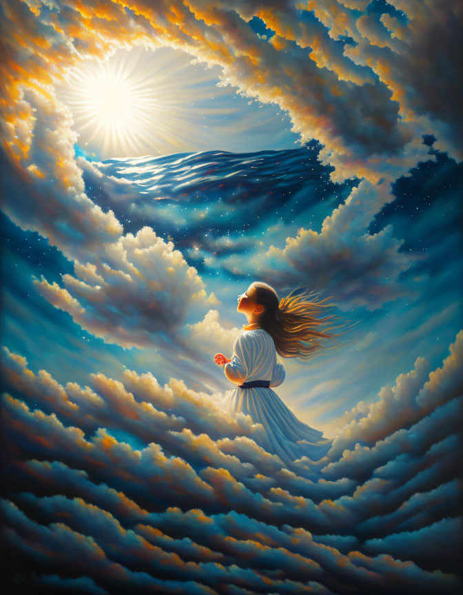 Woman in white surrounded by heart-shaped clouds in sky