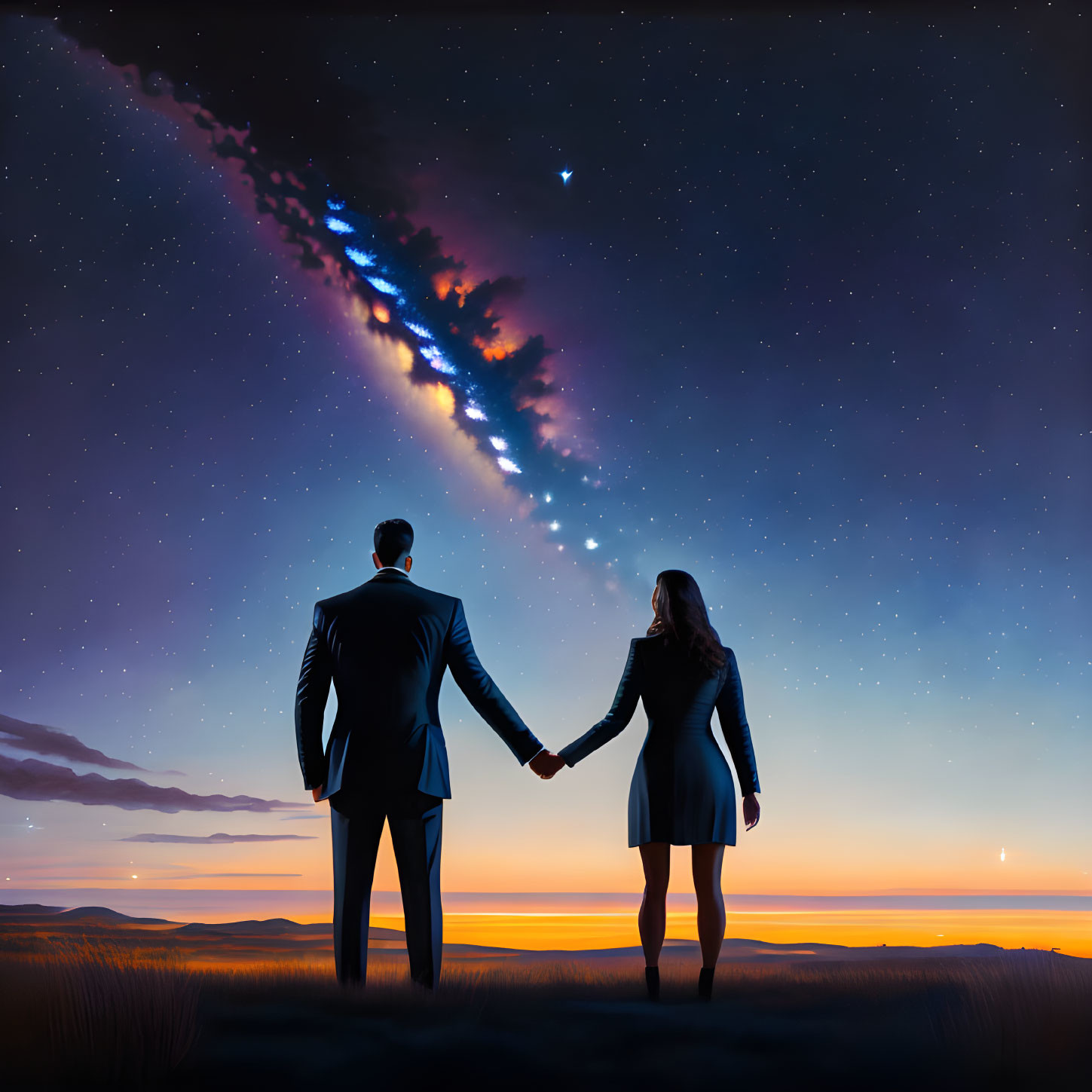 Romantic couple under starry sky with celestial streak at twilight