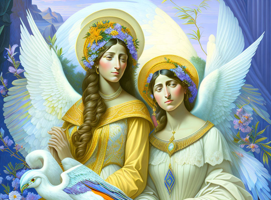 Angelic figures with doves in serene landscape