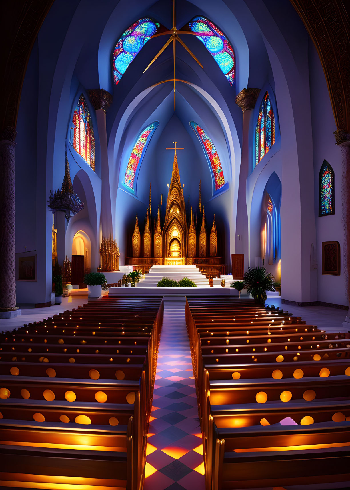 Church interior with rows of pews, altar, stained glass windows & soft multicolored light