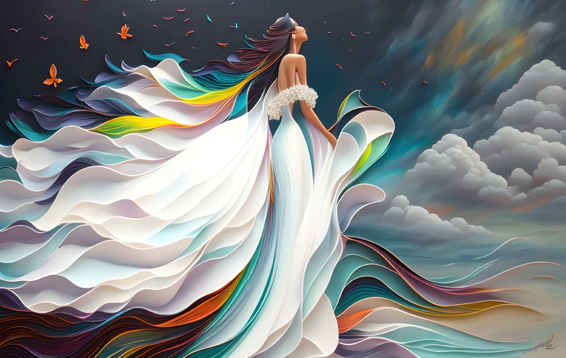 Woman in flowing gown merges with swirling sky and butterflies