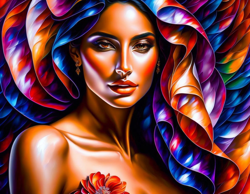 Colorful digital portrait of a woman with flowing hair and red flower