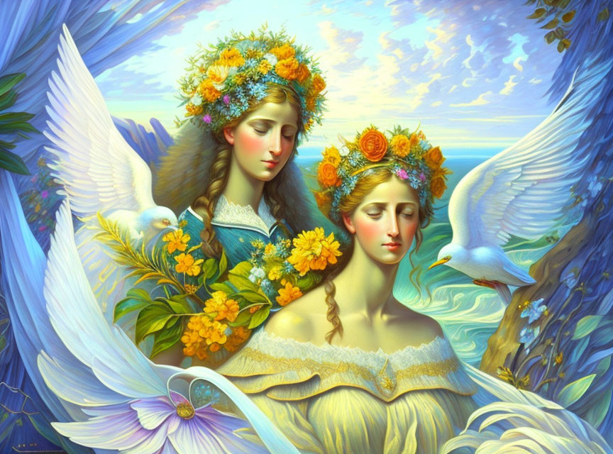 Angel figures with floral crowns and doves on blue background