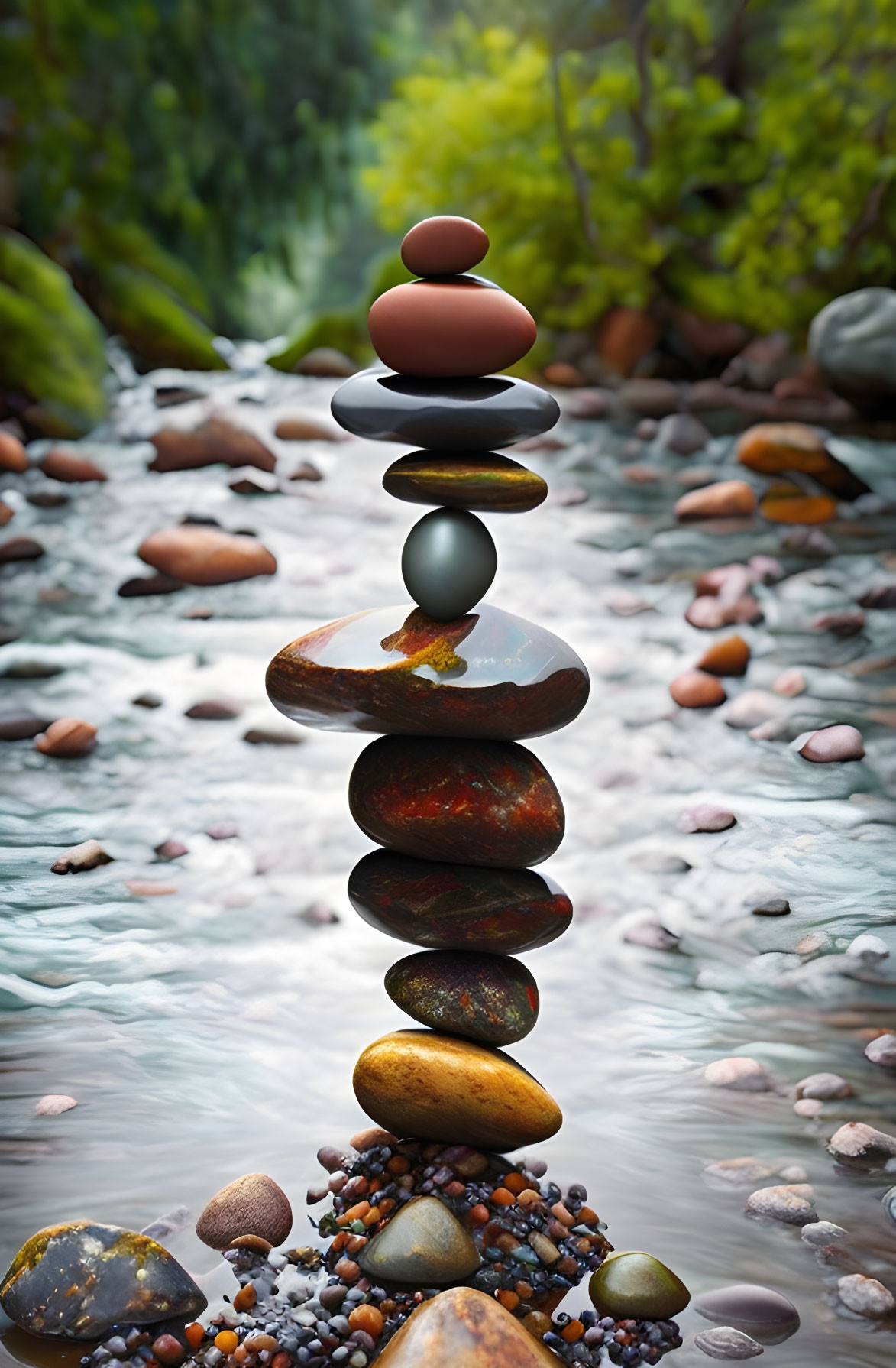 Tranquil multi-colored stone stack in serene water stream