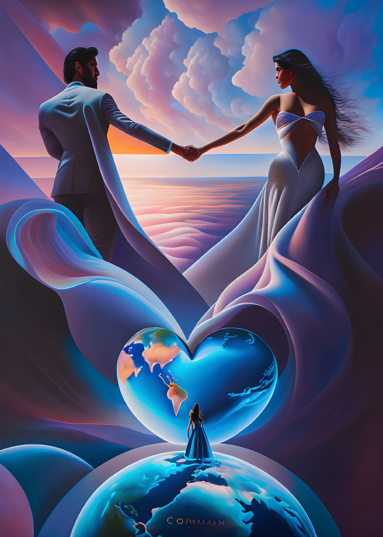 Illustration of giant figures merging into waves, cradling a couple on heart-shaped earth with sunset