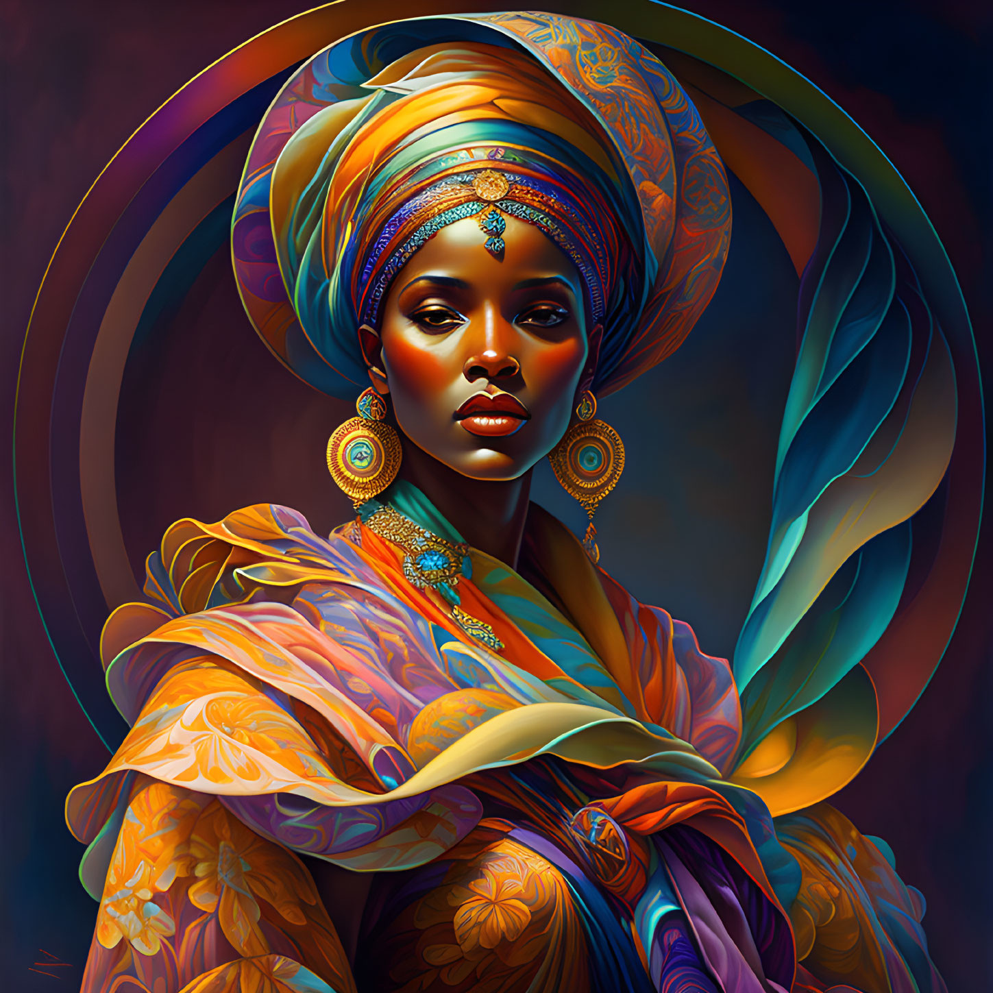 Colorful digital portrait of a woman in ornate attire and head wrap against abstract background