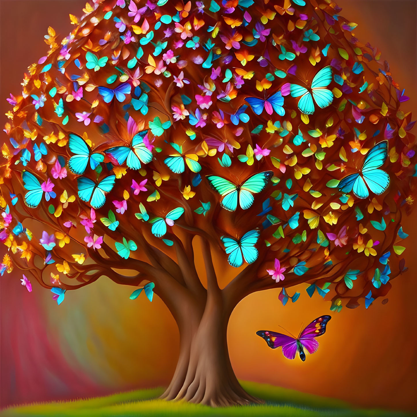 Colorful Butterfly Tree Illustration Under Gradient Sky