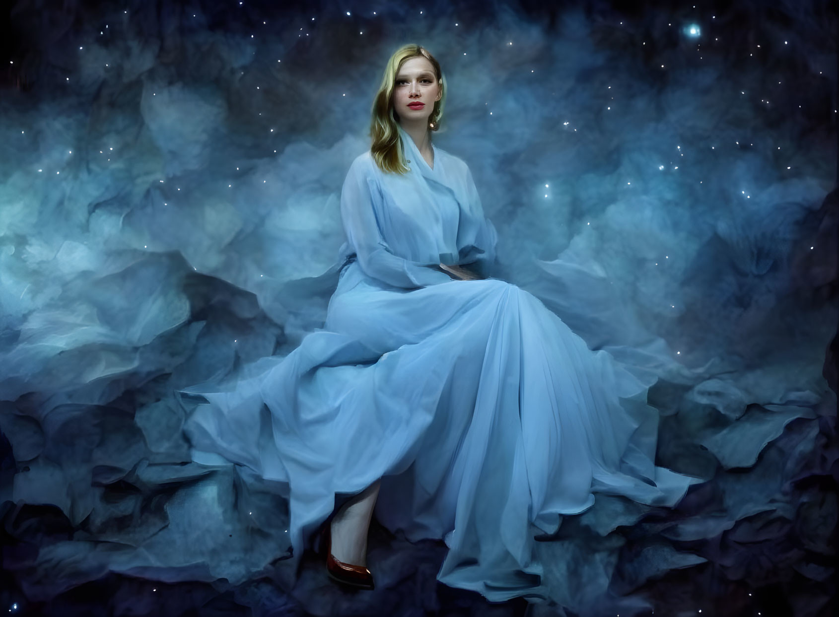 Woman in elegant blue dress on rocks in mystical starry background