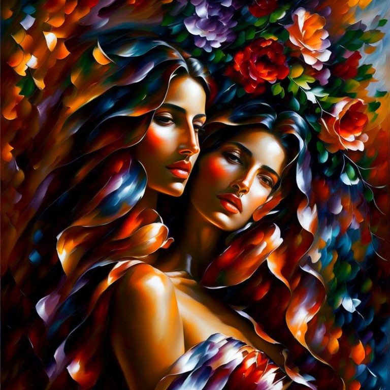 Colorful painting of two women with flowing hair and floral patterns