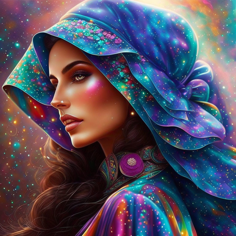 Colorful Cosmic Scarf Adorns Woman's Striking Features