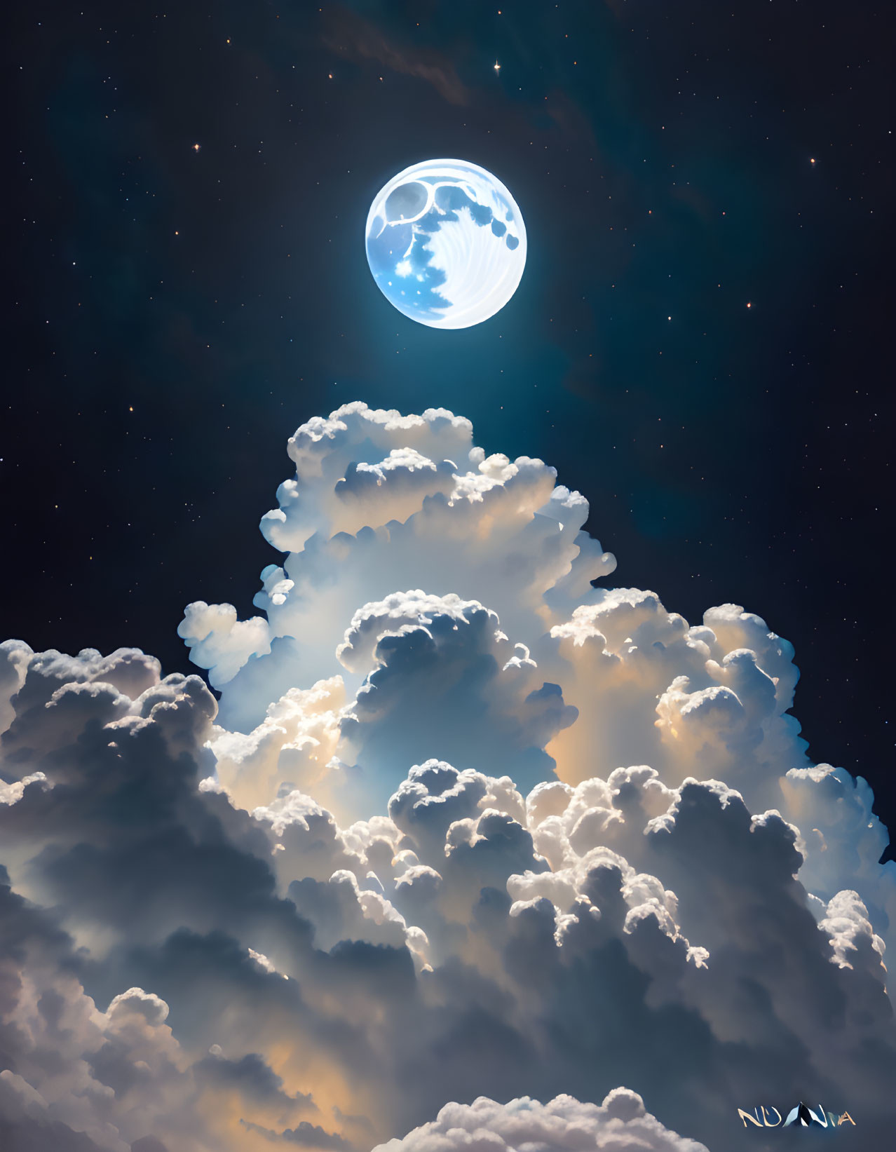 Full Moon Illuminating Cumulus Clouds in Starry Night Sky