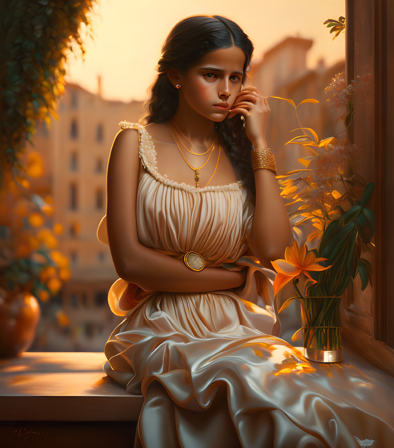 Vintage woman in cream dress with gold jewelry gazes by window at sunset.