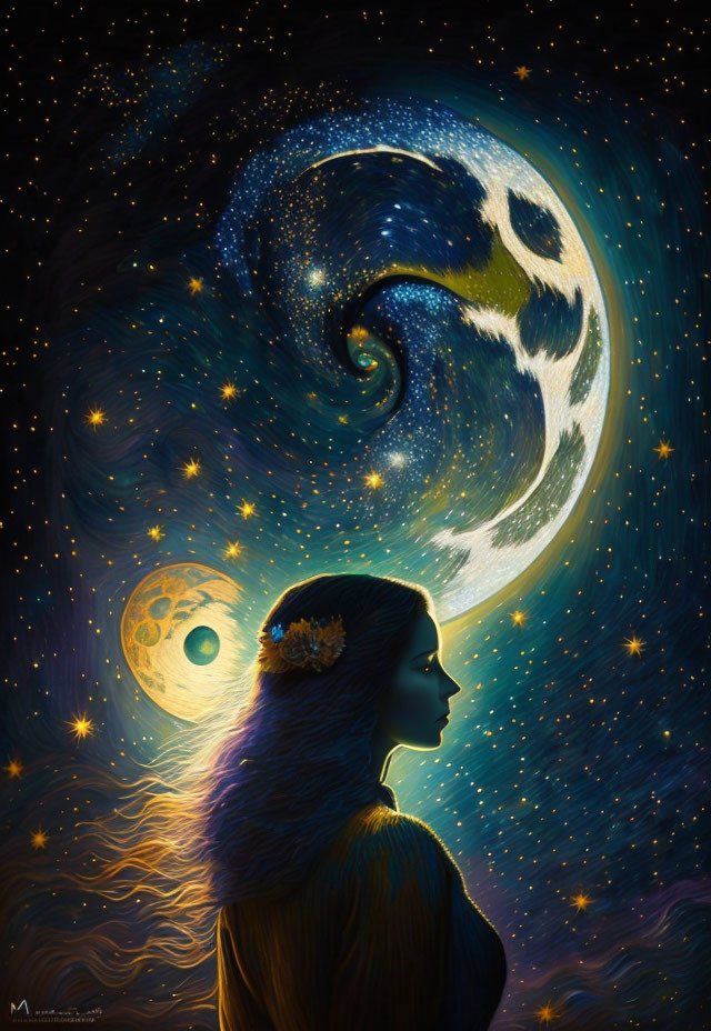 Profile of woman with flowing hair and flowers in cosmic galaxy scene