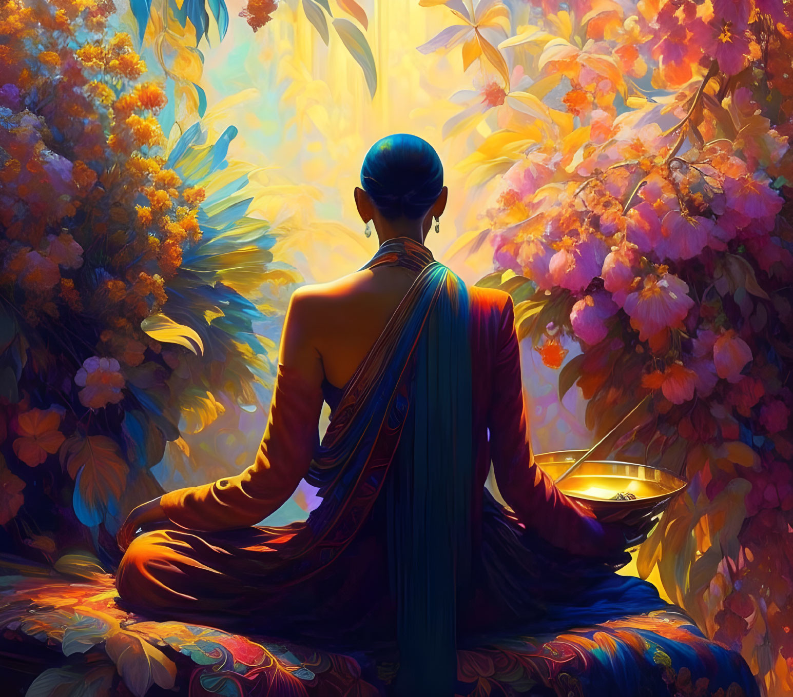 Person in Traditional Attire Meditates Among Vibrant Flowers