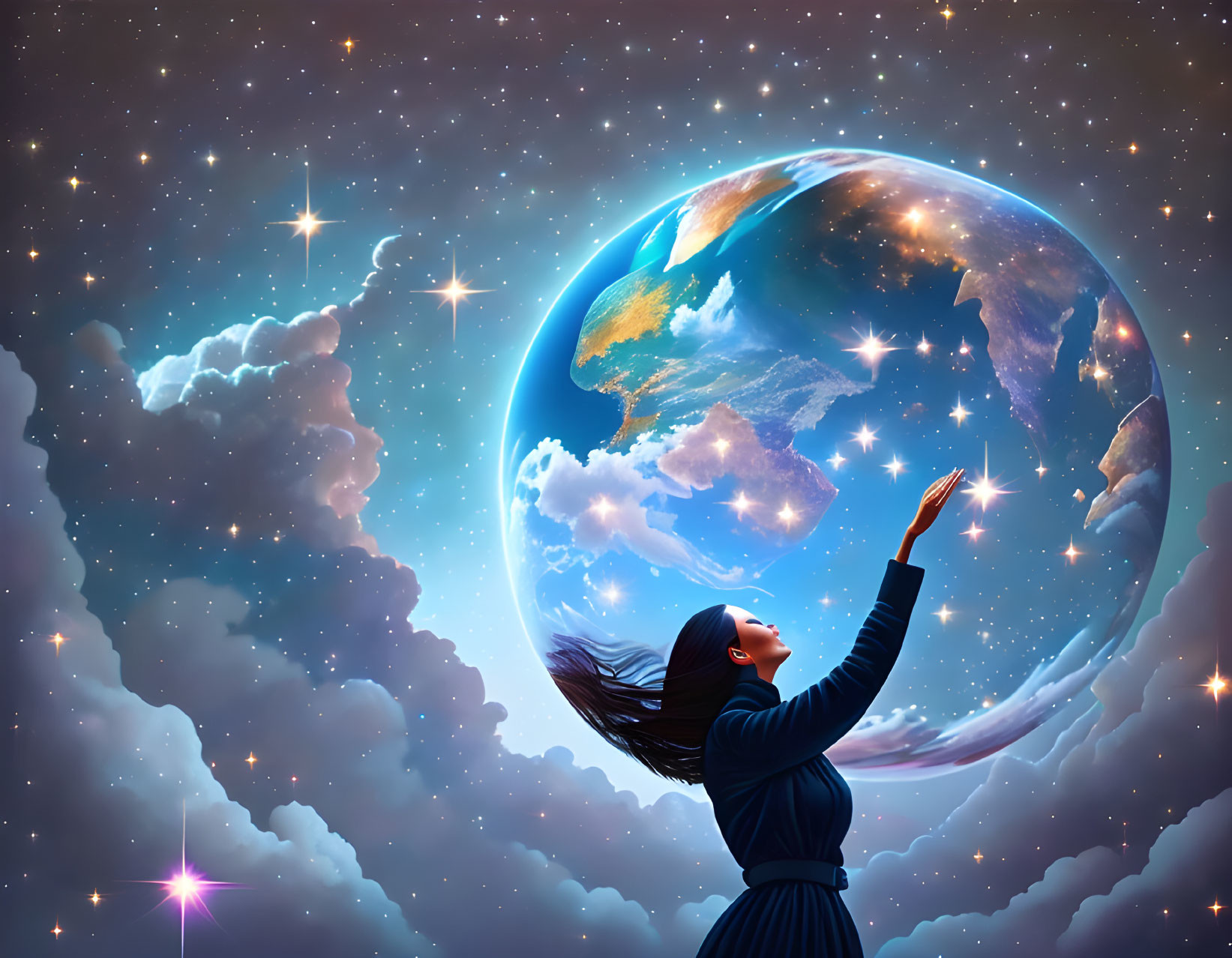 Woman reaching out to glowing Earth in starry sky backdrop