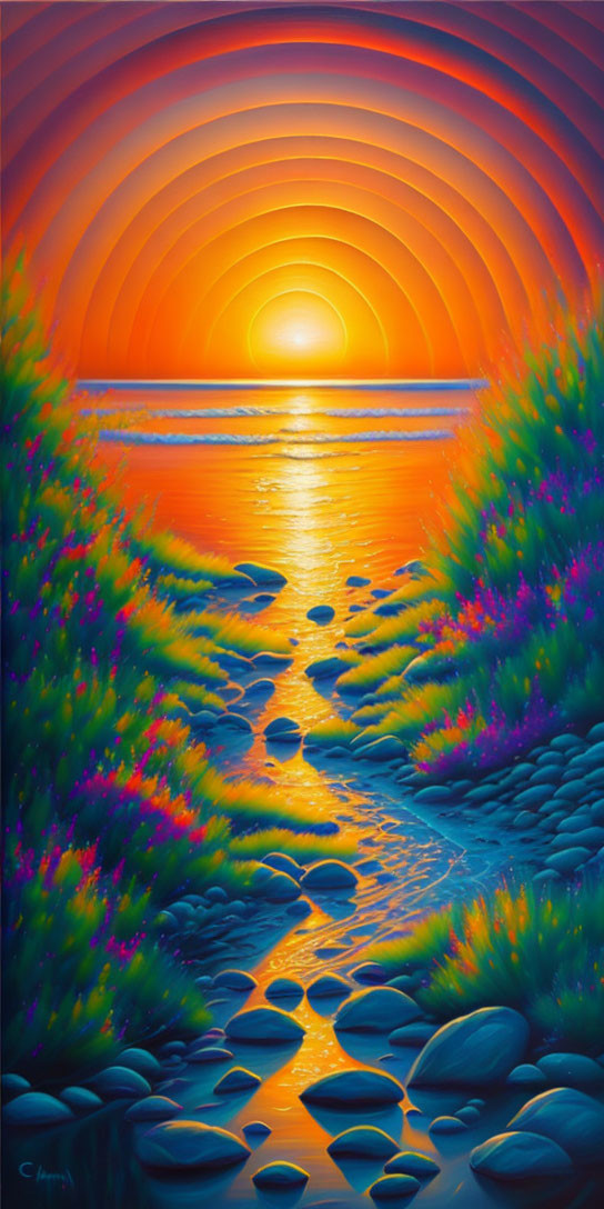 Colorful sunset painting with orange skies, stone path, and purple flora