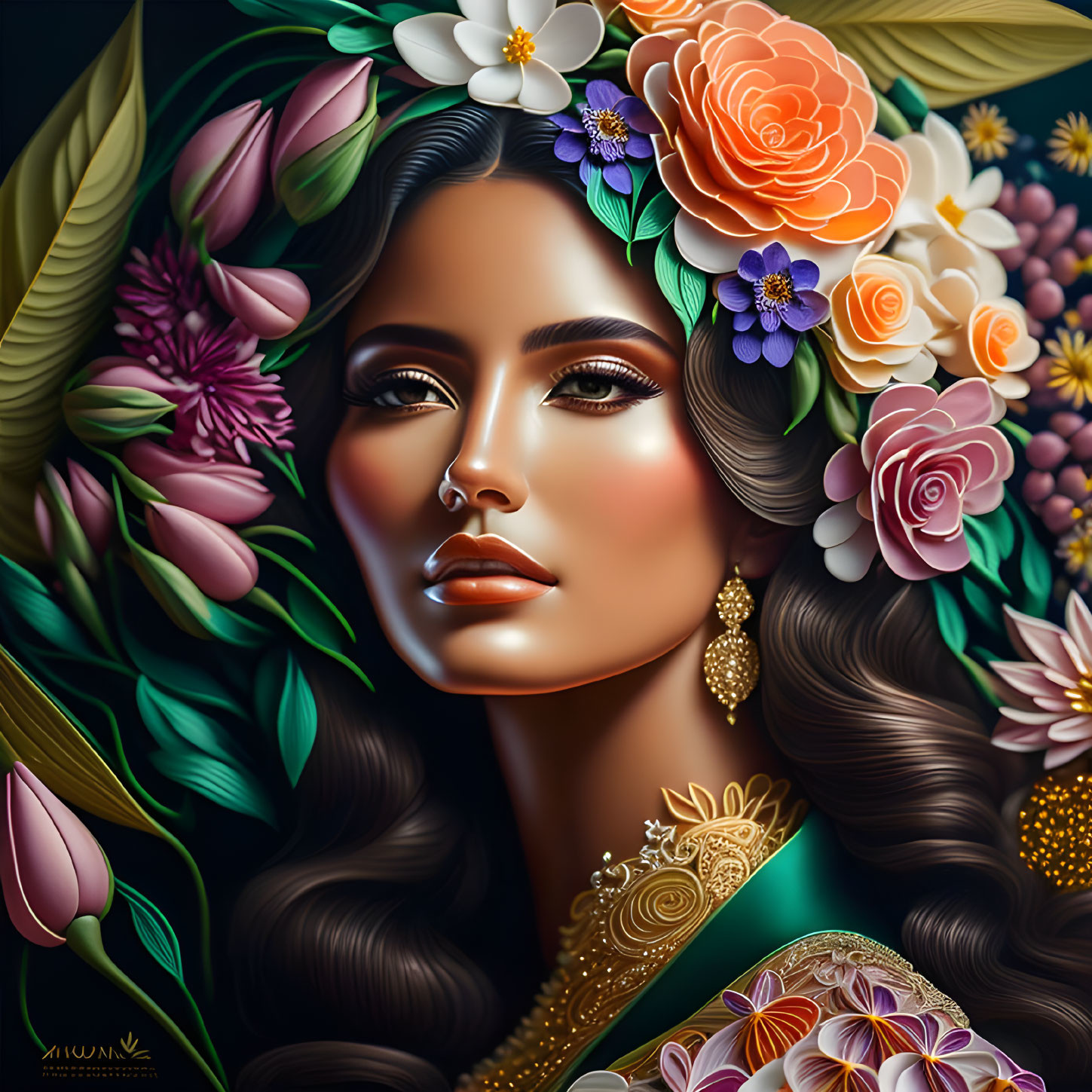 Vibrant Digital Portrait of Woman with Glossy Skin and Stylized Flowers