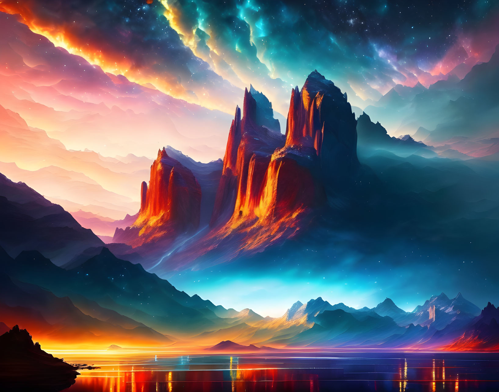 Digital Art: Majestic Mountains Under Starry Sky Reflecting in Water