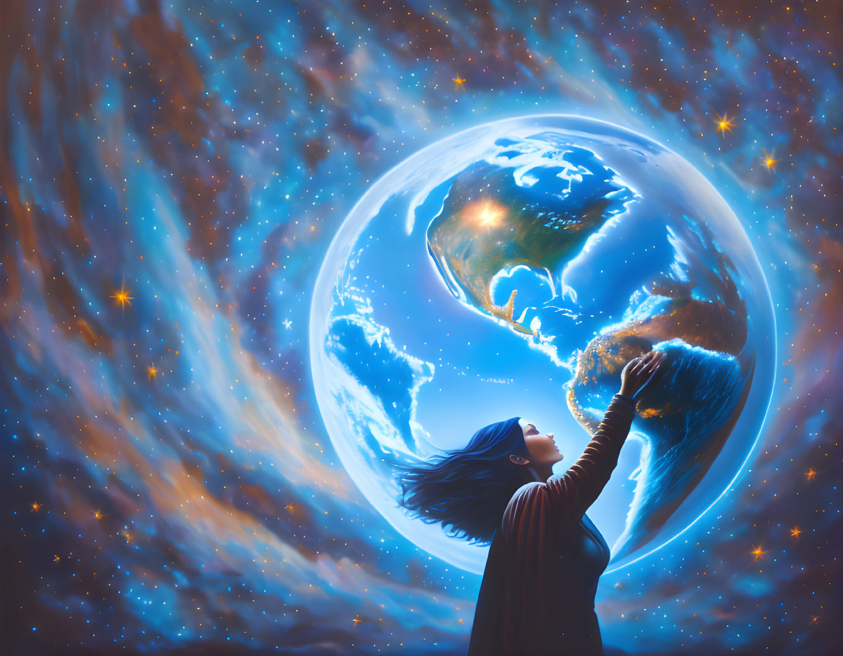 Woman gazing at giant Earth in space landscape