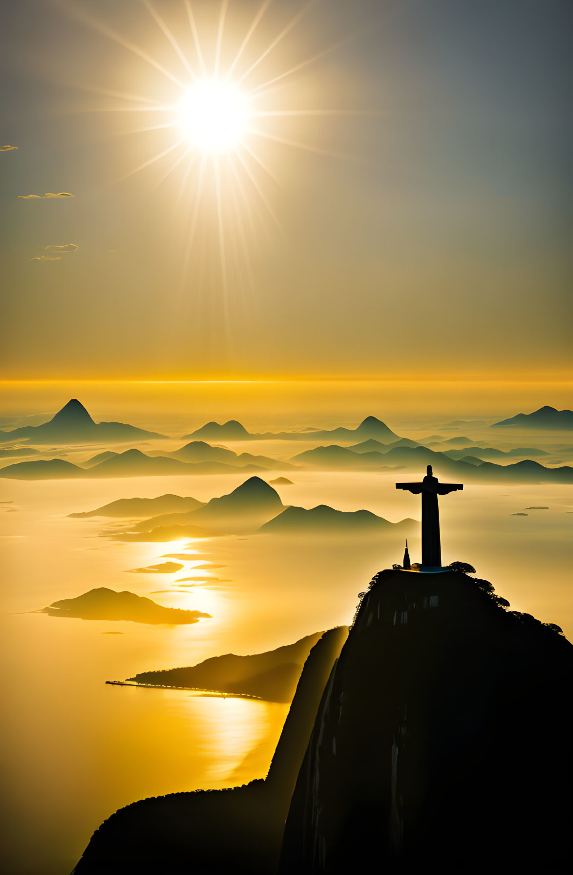 Iconic Christ the Redeemer statue at sunrise over coastal mountains and sea.