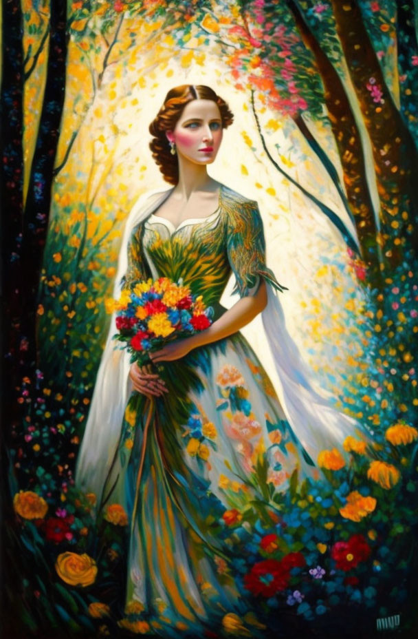 Woman in elegant dress with bouquet in vibrant forest.