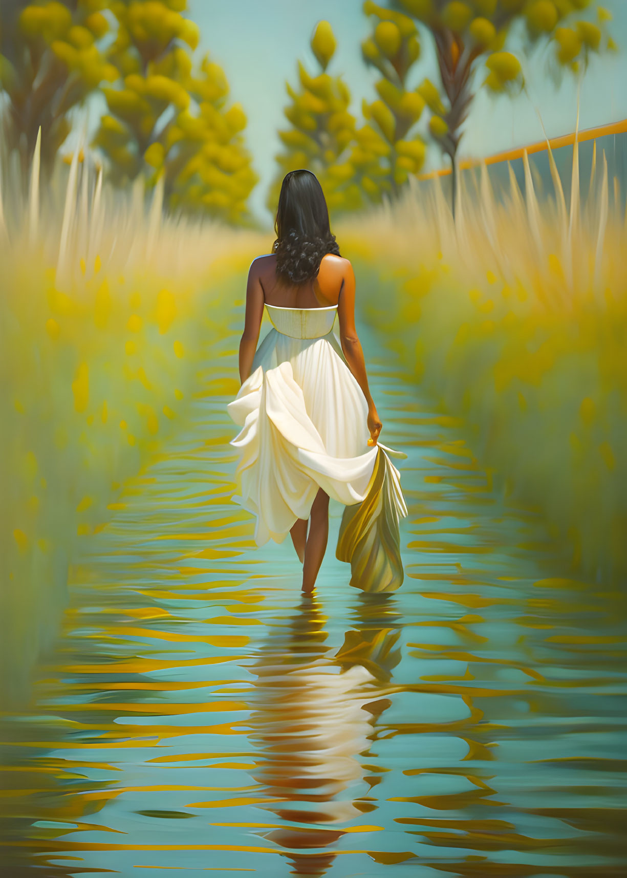 Woman in white dress walking through shallow waterway surrounded by lush greenery