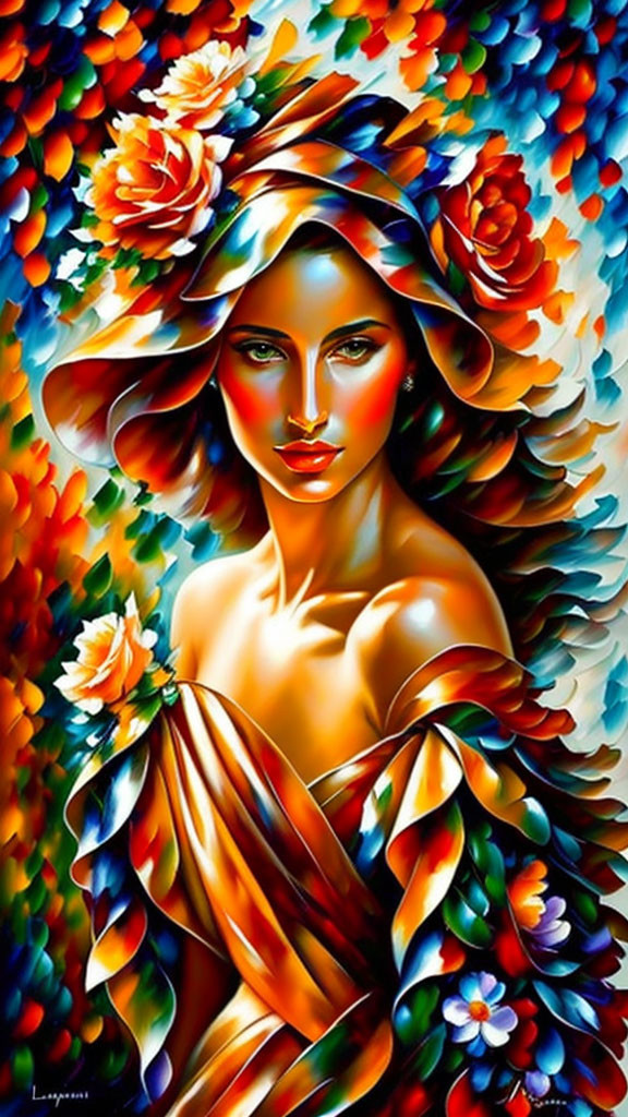 Colorful mosaic artwork of a woman with wide-brimmed hat and flowers