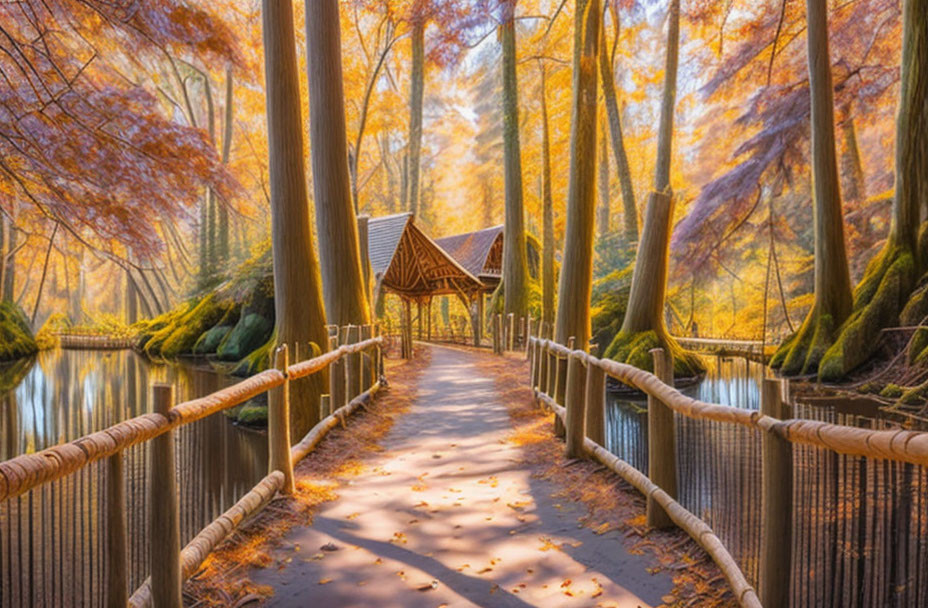 Scenic wooden bridge to gazebo in autumn forest