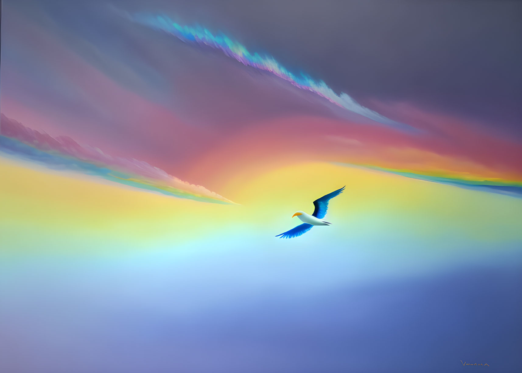 Solitary bird flying in vibrant surreal sky with blue, yellow, and pink hues