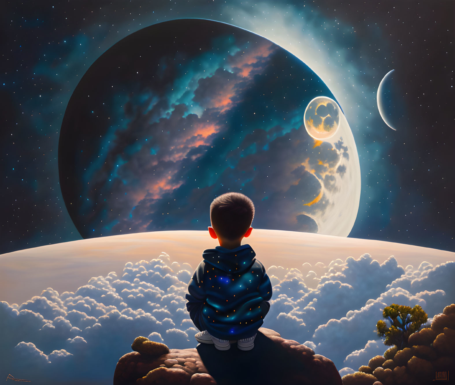 Boy on Cliff Overlooking Starry Sky with Planet and Moon