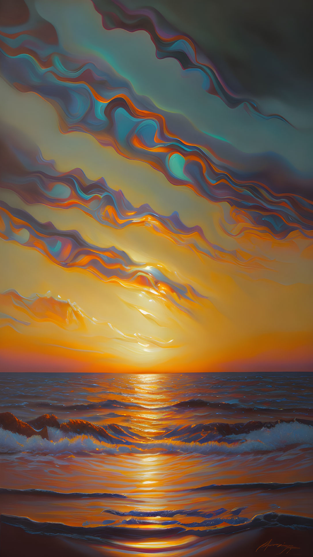 Vibrant sunset over surreal ocean landscape