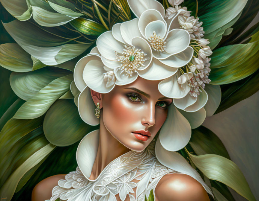 Woman portrait with large white flowers and leaves for a nature-inspired look