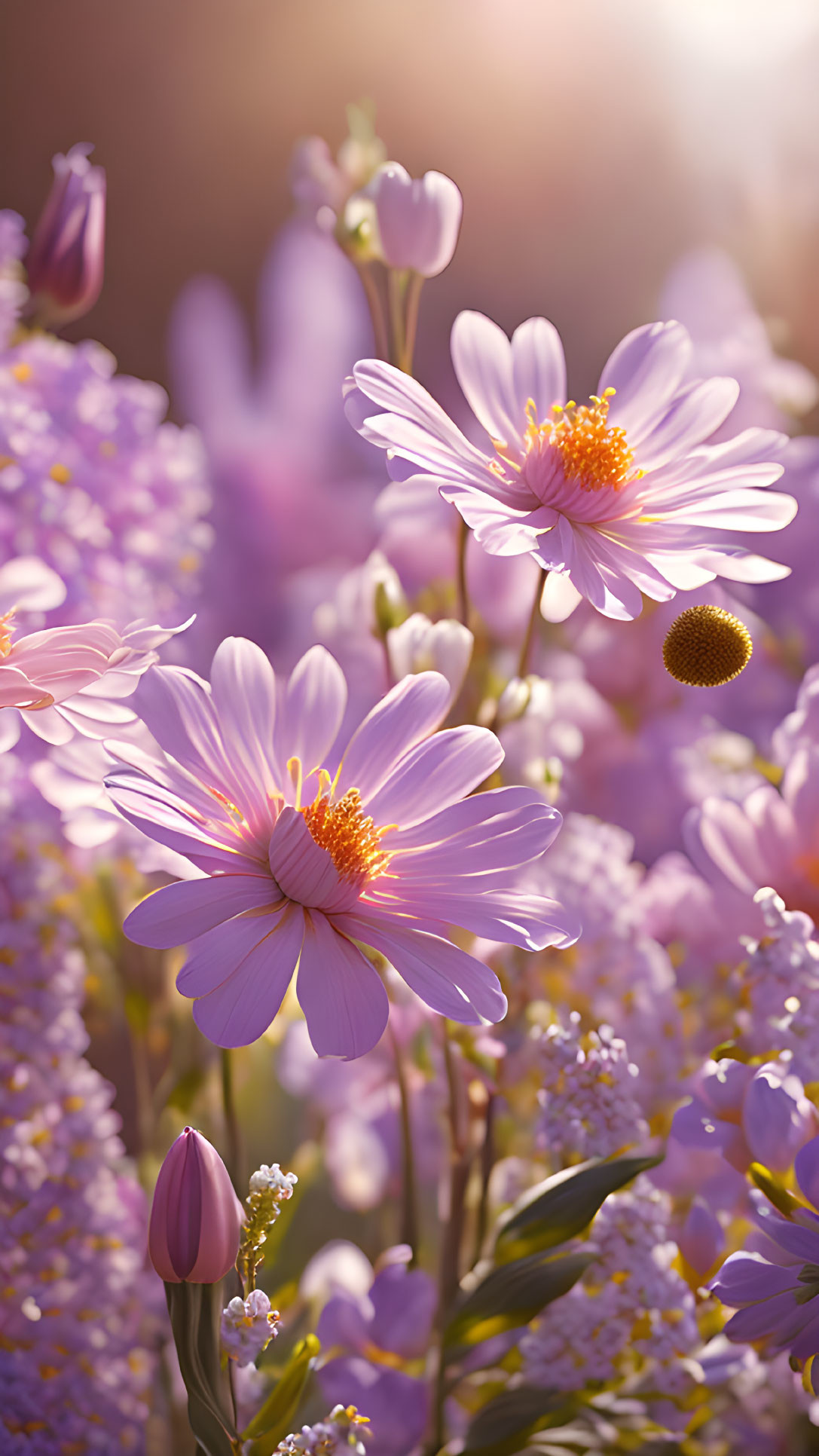 Vibrant purple flowers in bloom under warm sunlight