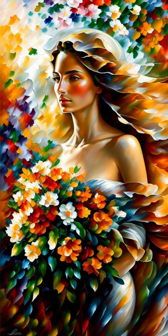 Colorful painting of woman with flowers in flowing hair and bouquet on vibrant background