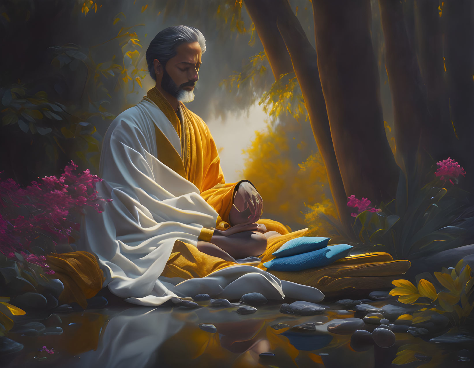 Man meditating by forest stream with flowers and stones under ethereal light