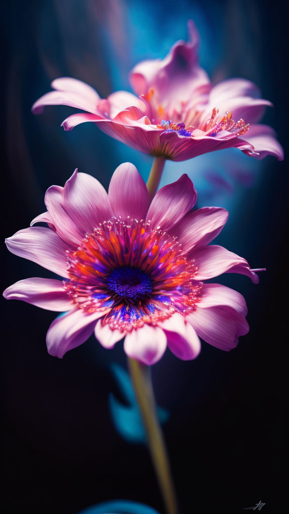 Detailed pink flowers with vibrant stamens on dark blue background