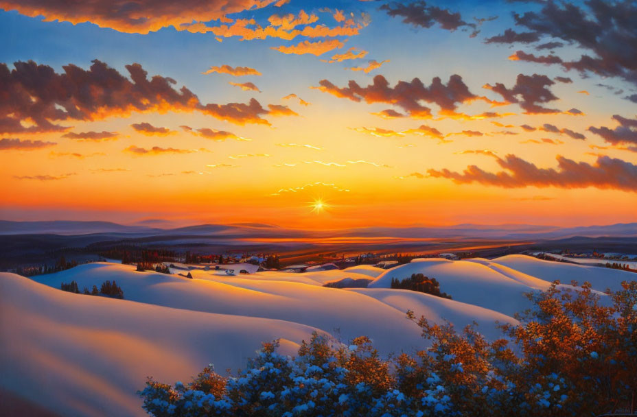 Snow-covered rolling hills under vibrant sunset sky with glowing orange and yellow clouds